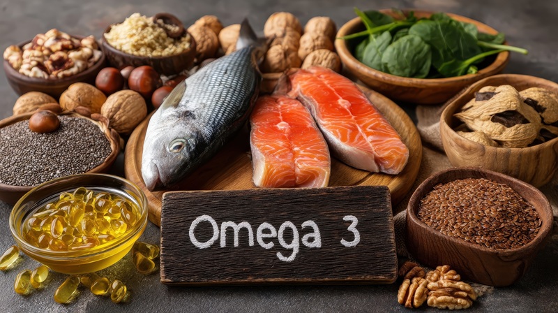 Omega 3 rich foods for pregnancy including fish, walnuts and flaxseeds